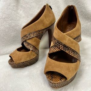 Tory Burch Waverly suede and snakeskin sandal platform pumps